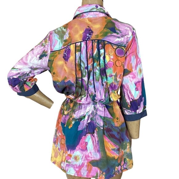 Bold Watercolor Button Down Pleated Tunic Top Tie Waist Sz XL Kings County #270B - Picture 6 of 9